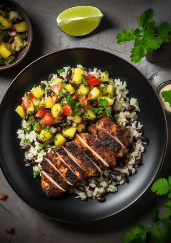 Jamaican Jerk Chicken with Coconut Rice & Pineapple Black Bean Salsa