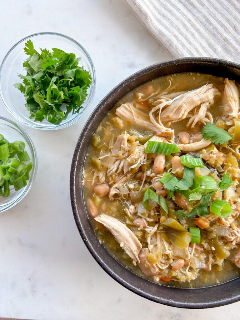 Bowl of slow cooker green chile chicken stew with cilantro and green onion