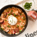 Chicken sausage and shrimp gumbo with okra