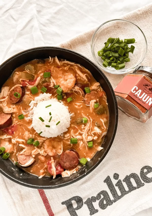 Chicken sausage and shrimp gumbo with okra