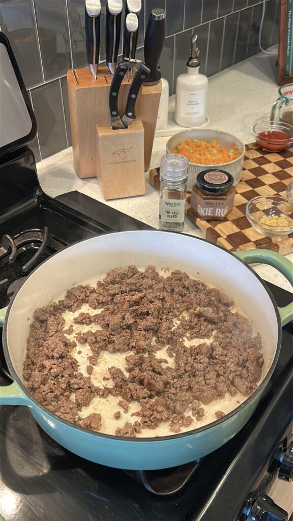 Browning ground beef in skillet for sloppy joes