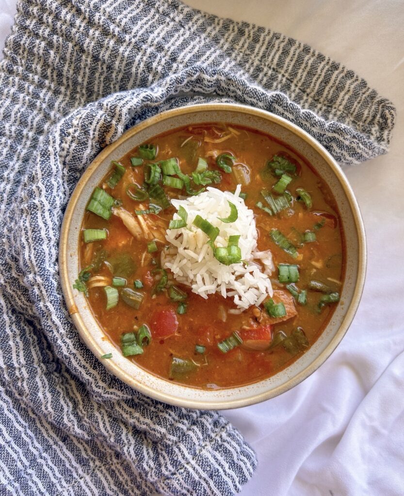 Bowl of chicken sausage shrimp gumbo with white rice