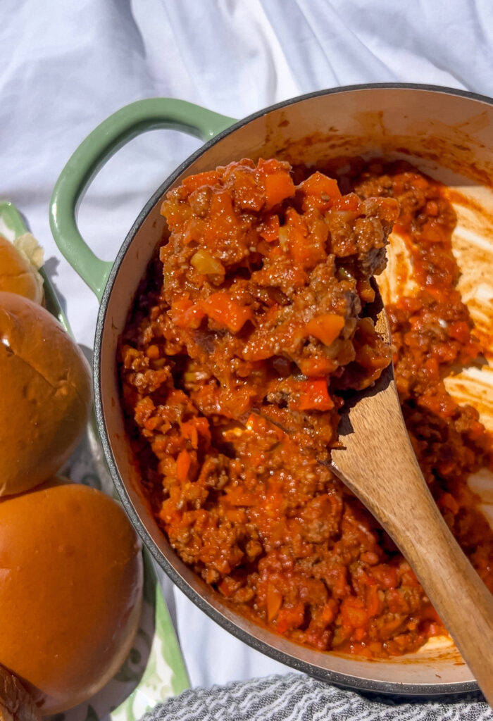 Close up of healthy sloppy joe filling showing thick saucy texture