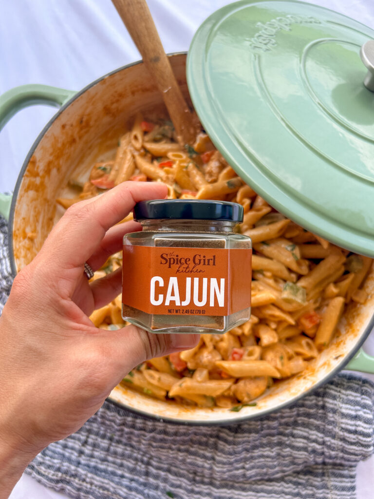 The Spice Girl Kitchen Cajun Seasoning used to make creamy Cajun chicken pasta
