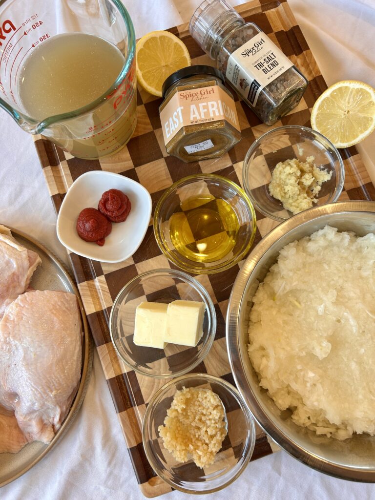 ingredients for doro wat including chicken onions eggs broth and east african spice blend