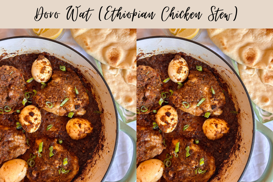 doro wat ethiopian chicken stew in a dutch oven with eggs and rich spiced sauce