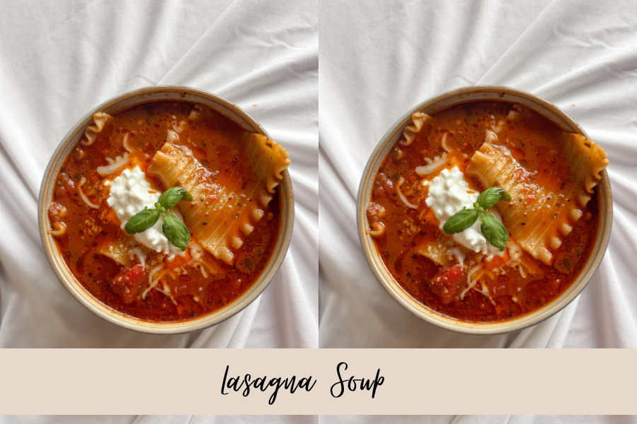 Final bowl of lasagna soup with melted cheese and noodles