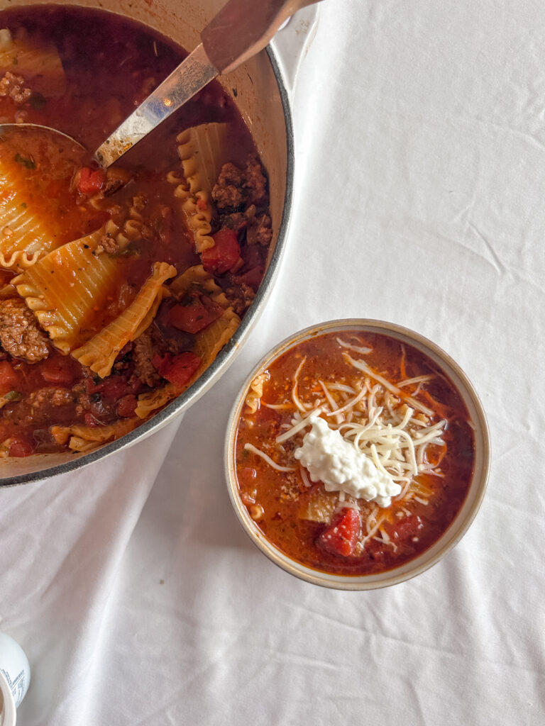 Adding ricotta, mozzarella, and parmesan to lasagna soup