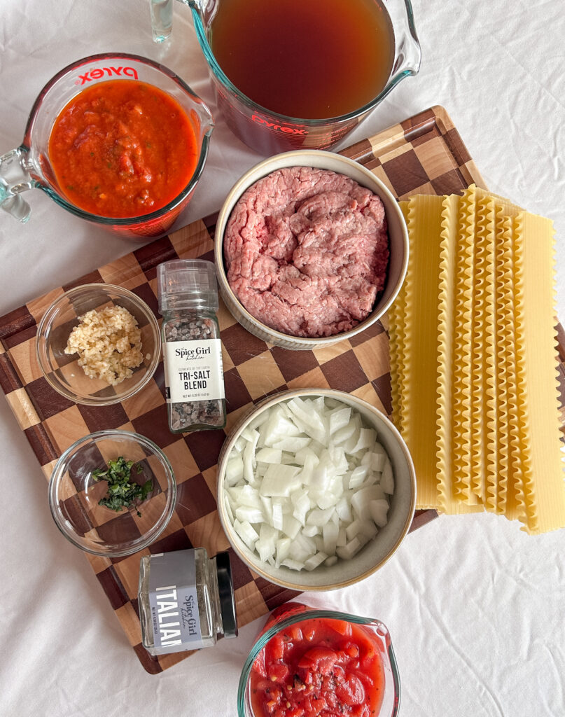 Overhead view of ingredients needed to make lasagna soup