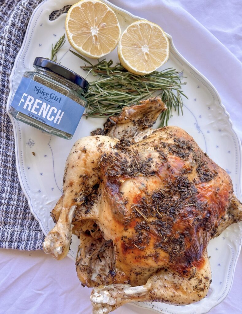 Instant Pot Whole Chicken with crispy golden skin after broiling with honey and Herbs de Provence