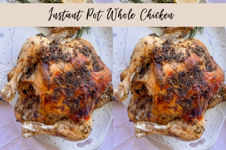 Carved Instant Pot whole chicken served with fresh herbs and lemon on a serving platter