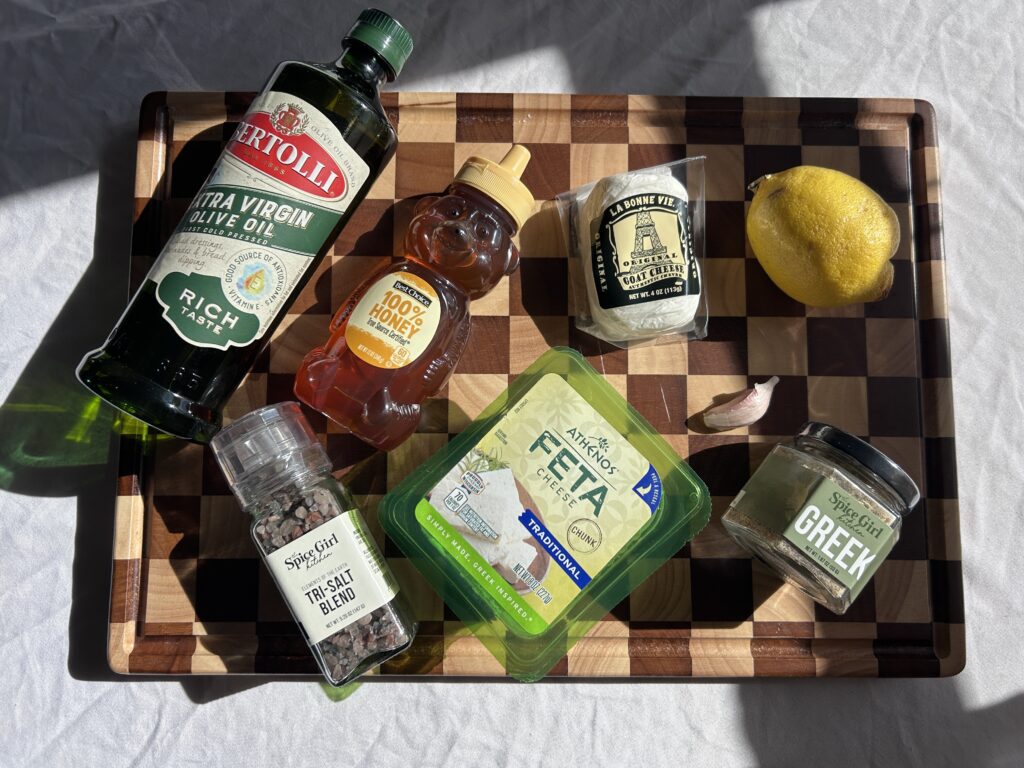 ingredients for whipped feta with honey arranged on a counter
