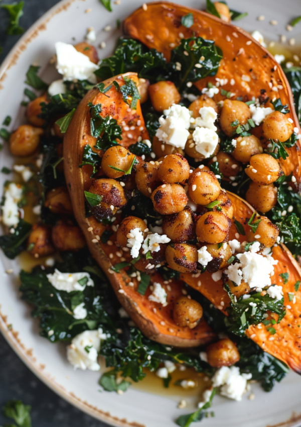 Greek-Style Sweet Potato and Feta Boats with Garlicky Kale