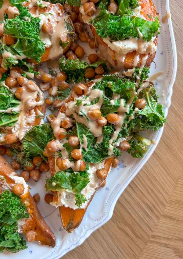 Greek sweet potato boats with feta, crispy chickpeas, and kale