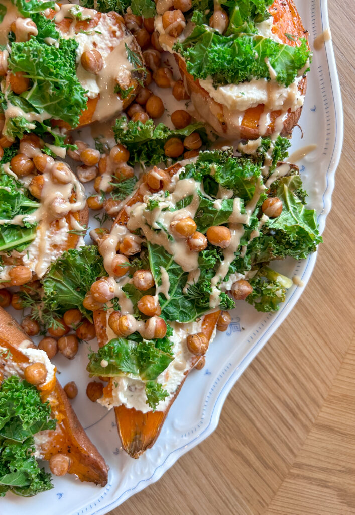 Greek sweet potato boats with feta, crispy chickpeas, and kale