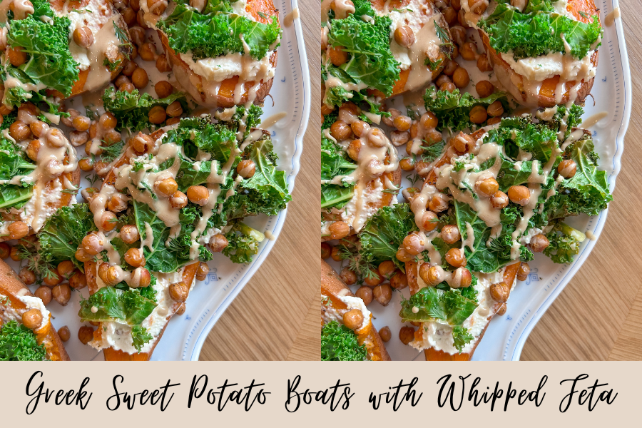 greek sweet potato boats served on a plate with feta and chickpeas