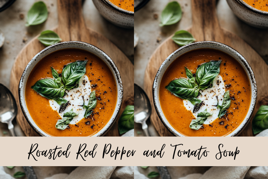 roasted red pepper and tomato soup in a bowl on a wooden cutting board