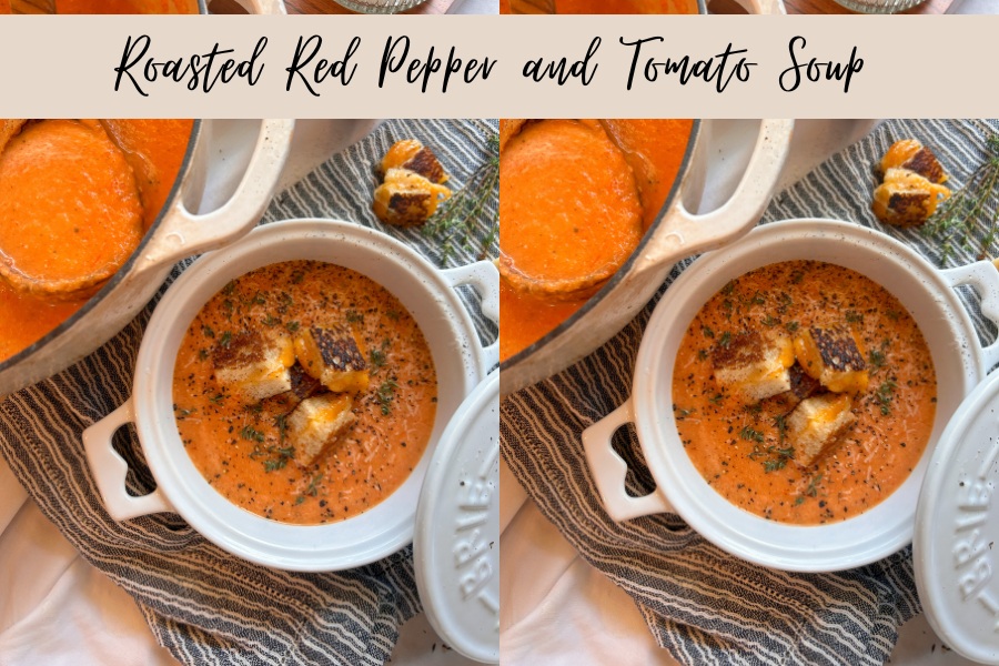 Creamy roasted red pepper and tomato soup topped with freshly shaved Parmesan and cracked black pepper