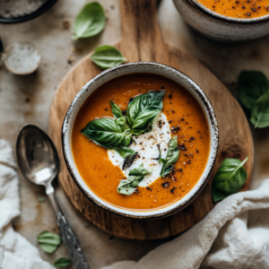 Roasted tomato basil soup on a wooden cutting board