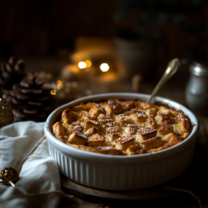 French Toast Casserole in a white casserole dish