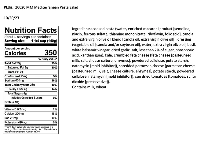 member's mark mediterranean kale pasta salad nutrition facts