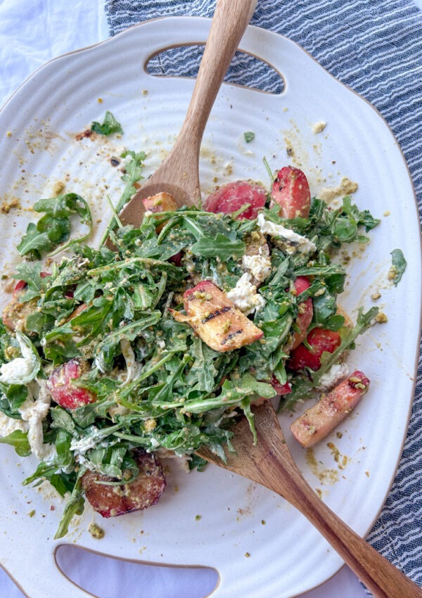 Grilled Peach and Burrata Salad with Pistachio Citrus Vinaigrette