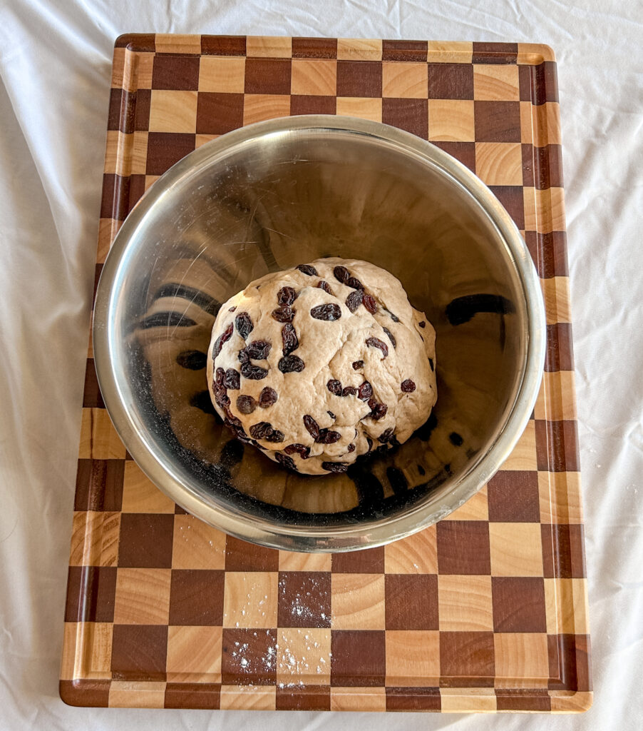 cinnamon raisin bread dough after first rise