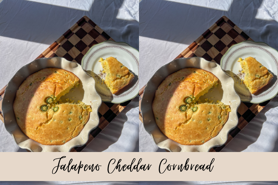 Jalapeño cheddar cornbread served warm in an 8-inch pie pan — easy from-scratch cornbread recipe with golden edges and melted butter.