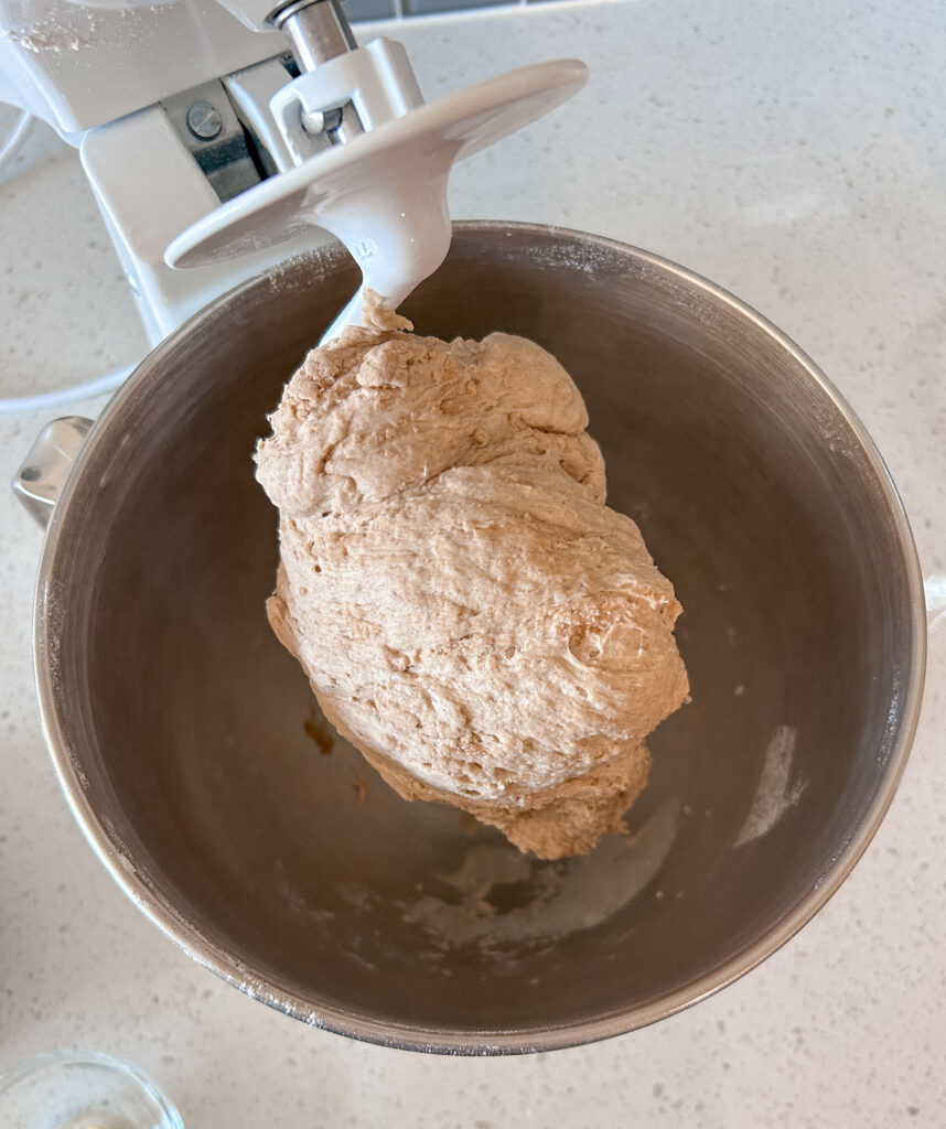kneading cinnamon raisin bread dough in stand mixer