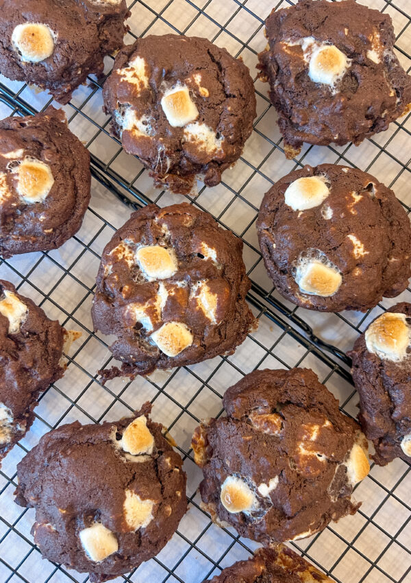 Thick rocky road cookies with gooey marshmallows and chocolate chunks