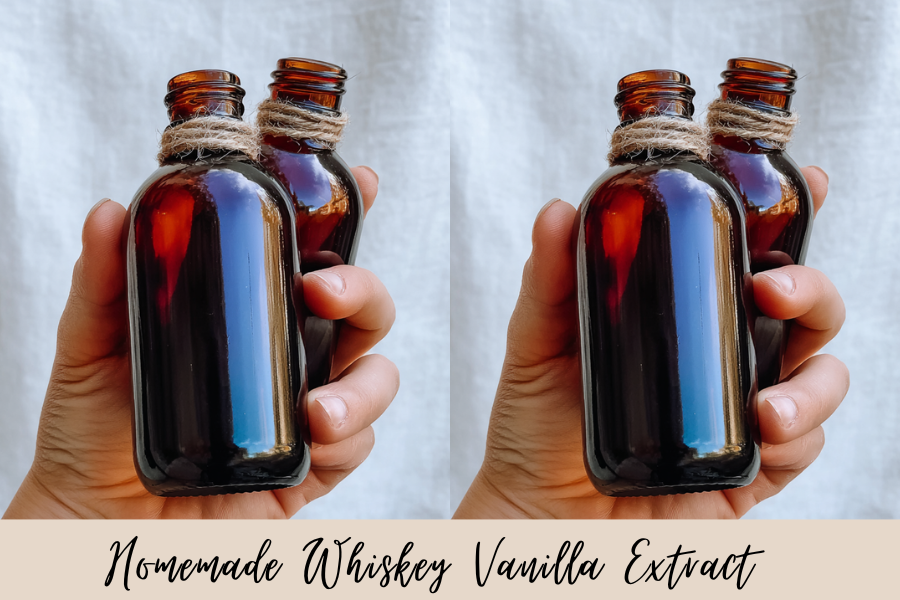 bottle of homemade whiskey vanilla extract with vanilla beans and whiskey