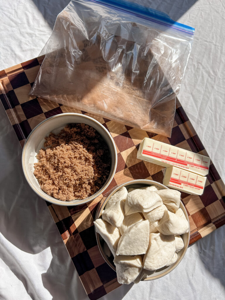 ingredients for individual monkey bread recipe laid out on table