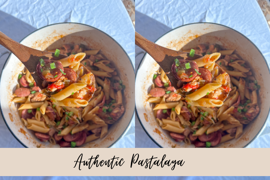 one pot cajun pastalaya served in dutch oven with spoon