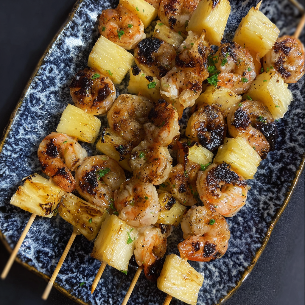 close up of shrimp and pineapple skewers with cilantro
