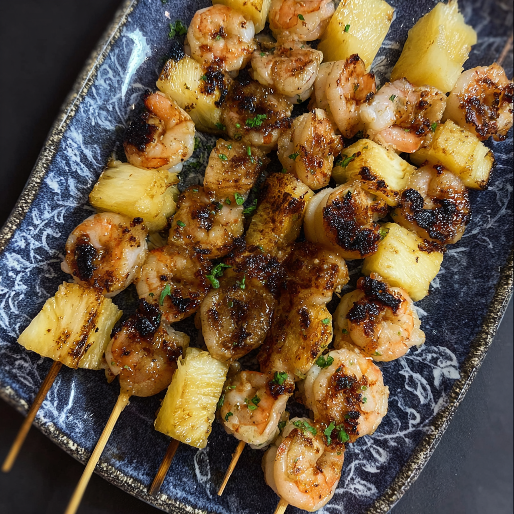 finished shrimp and pineapple skewers on a platter with char