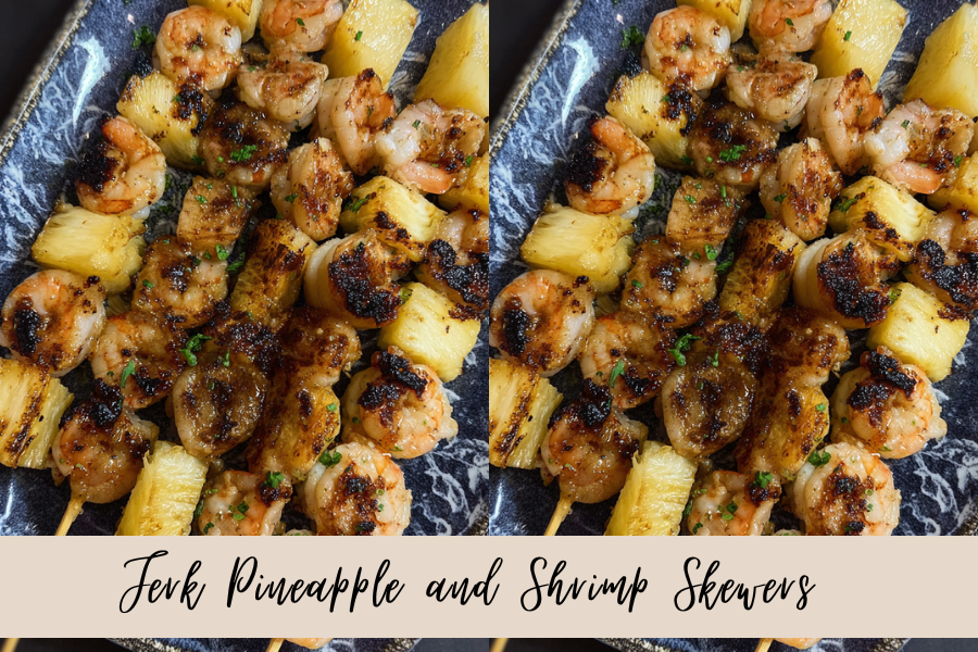 finished shrimp and pineapple skewers on a platter with char