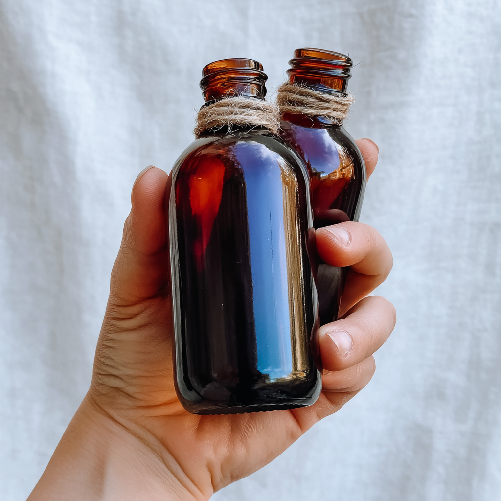 bottle of homemade whiskey vanilla extract with vanilla beans and whiskey