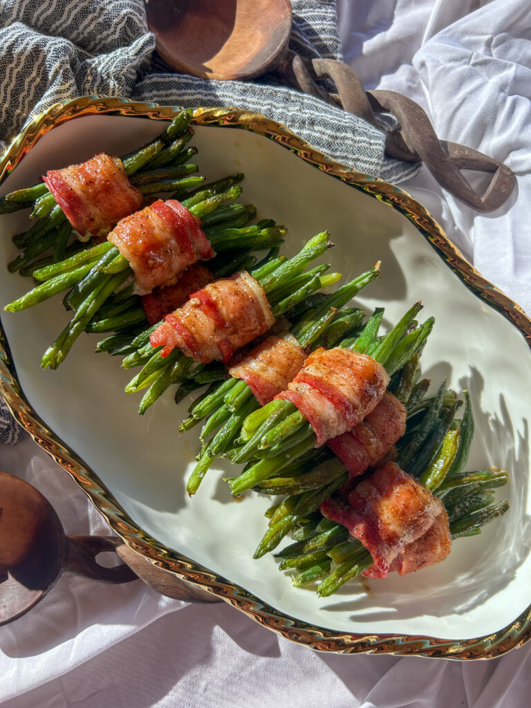 Crispy bacon wrapped green bean bundles fresh from the oven