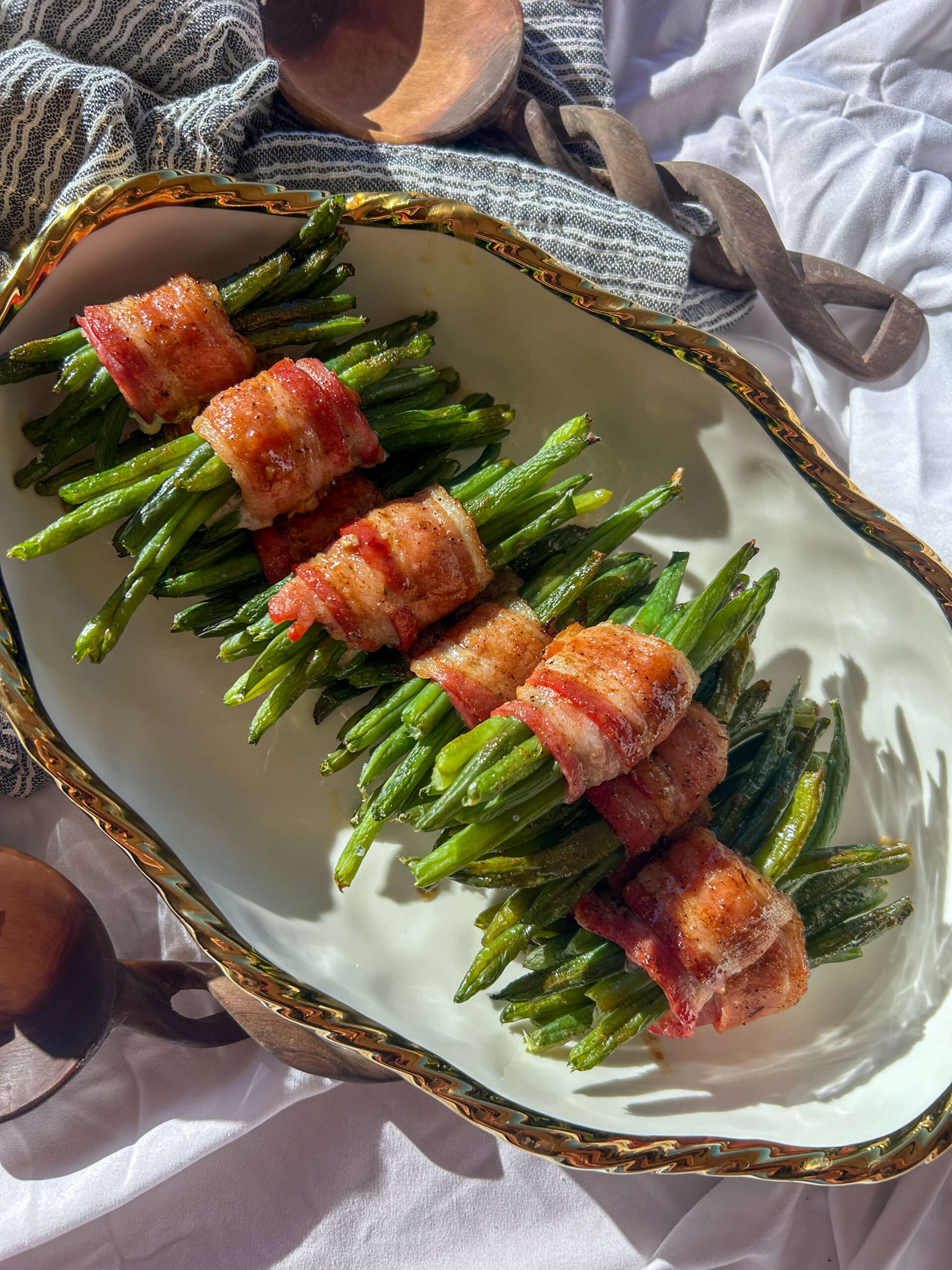 Crispy bacon wrapped green bean bundles fresh from the oven