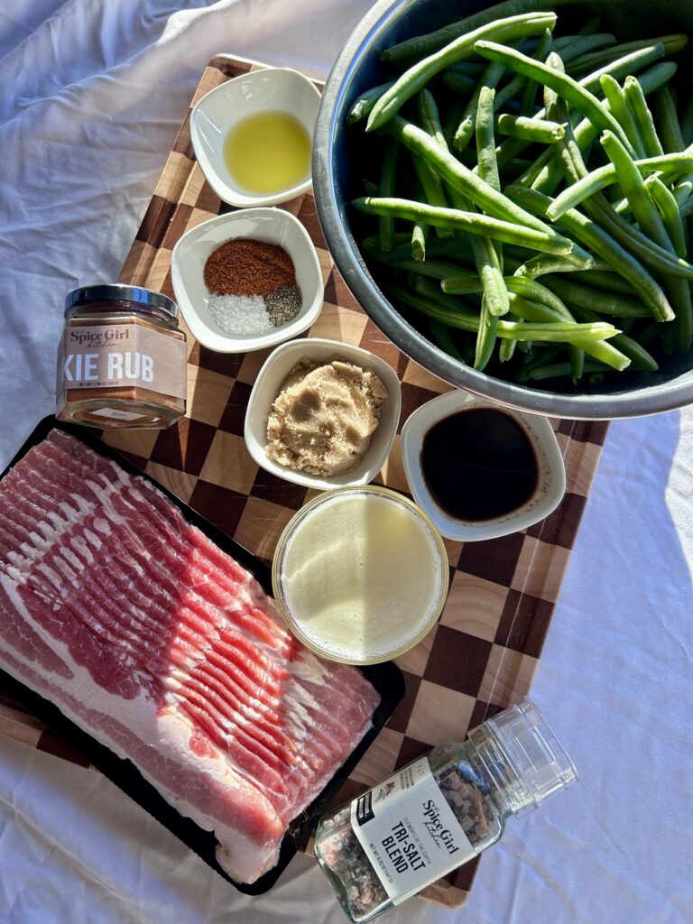 Ingredients needed to make bacon wrapped green bean bundles
