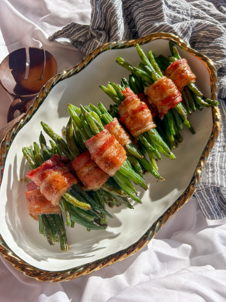Bacon wrapped green bean bundles plated for serving