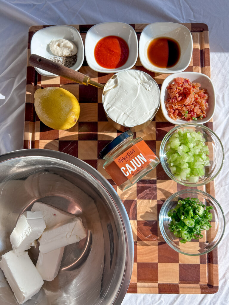Ingredients for a creamy Bloody Mary–style party dip