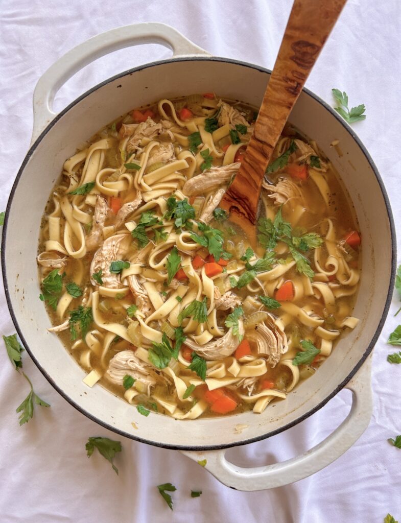 Easy stove top chicken noodle soup with tender chicken, vegetables, and egg noodles