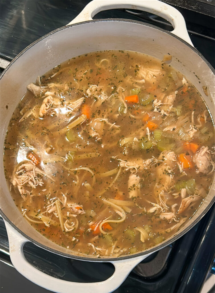 Final bowl of stove top chicken noodle soup