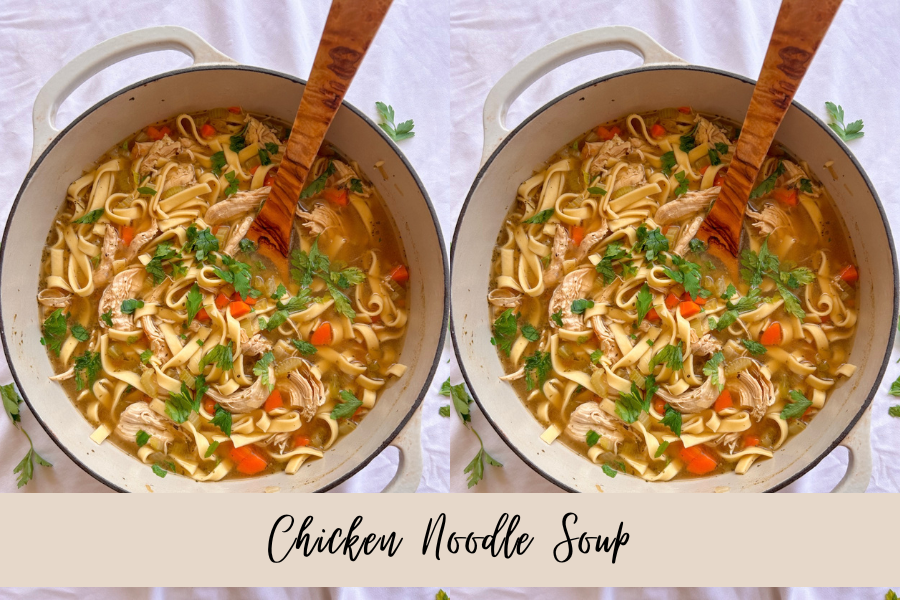 Homemade chicken noodle soup made on the stovetop with chicken and egg noodles