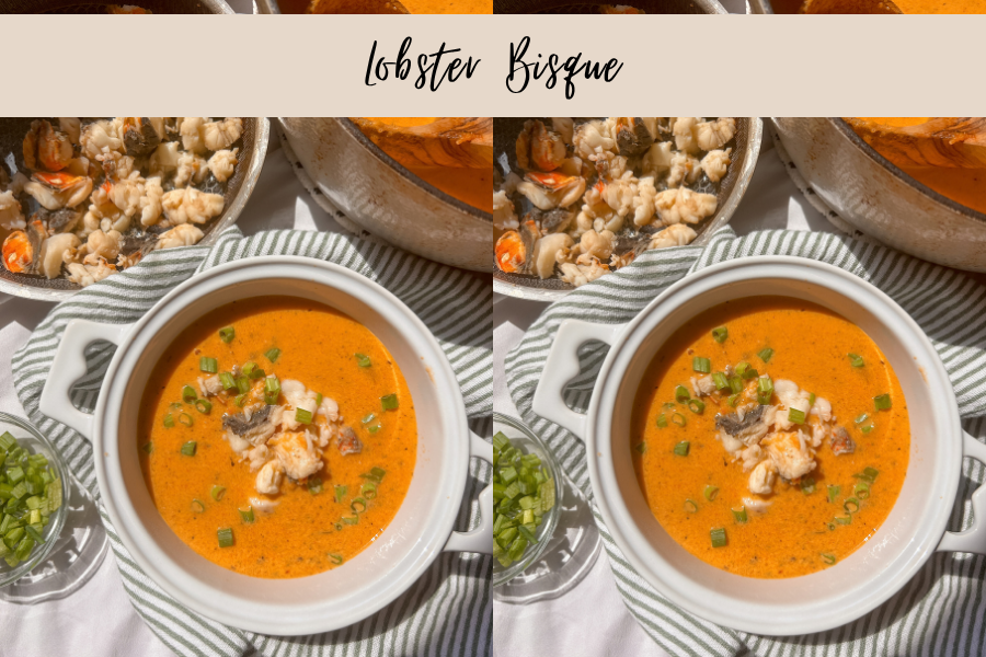 Close-up of creamy lobster bisque with lobster meat in the bowl