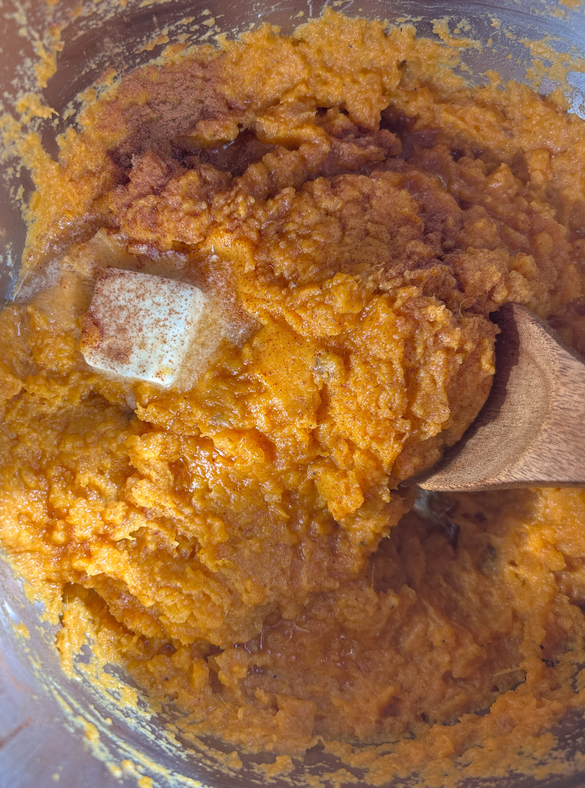 hero shot of creamy instant pot mashed sweet potatoes ready to serve