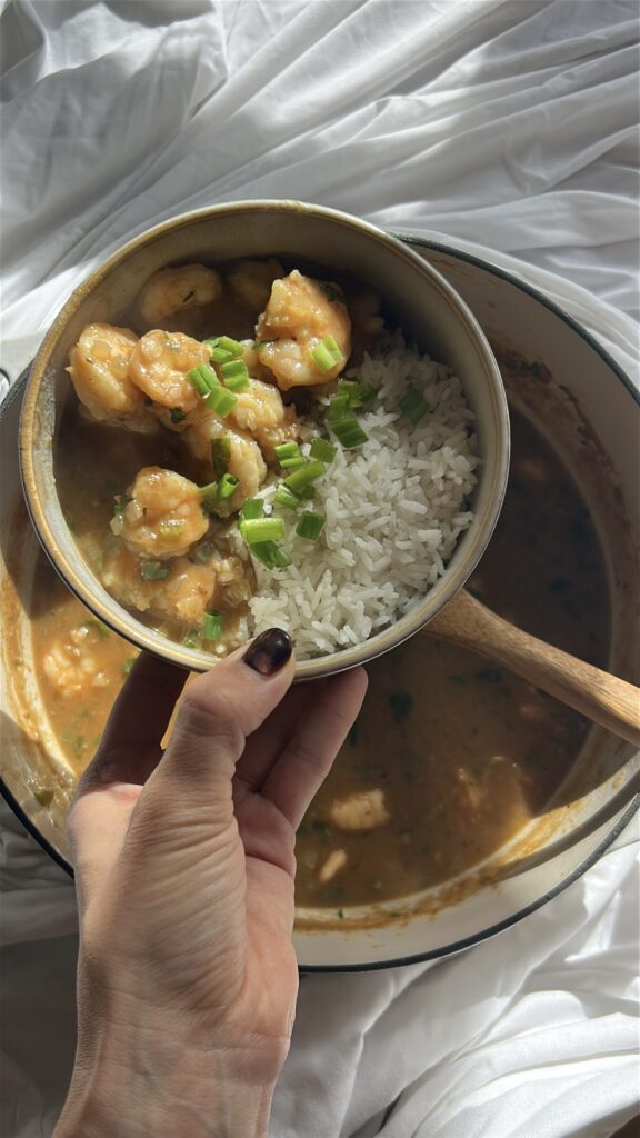 Hero shot of shrimp etouffee served over rice