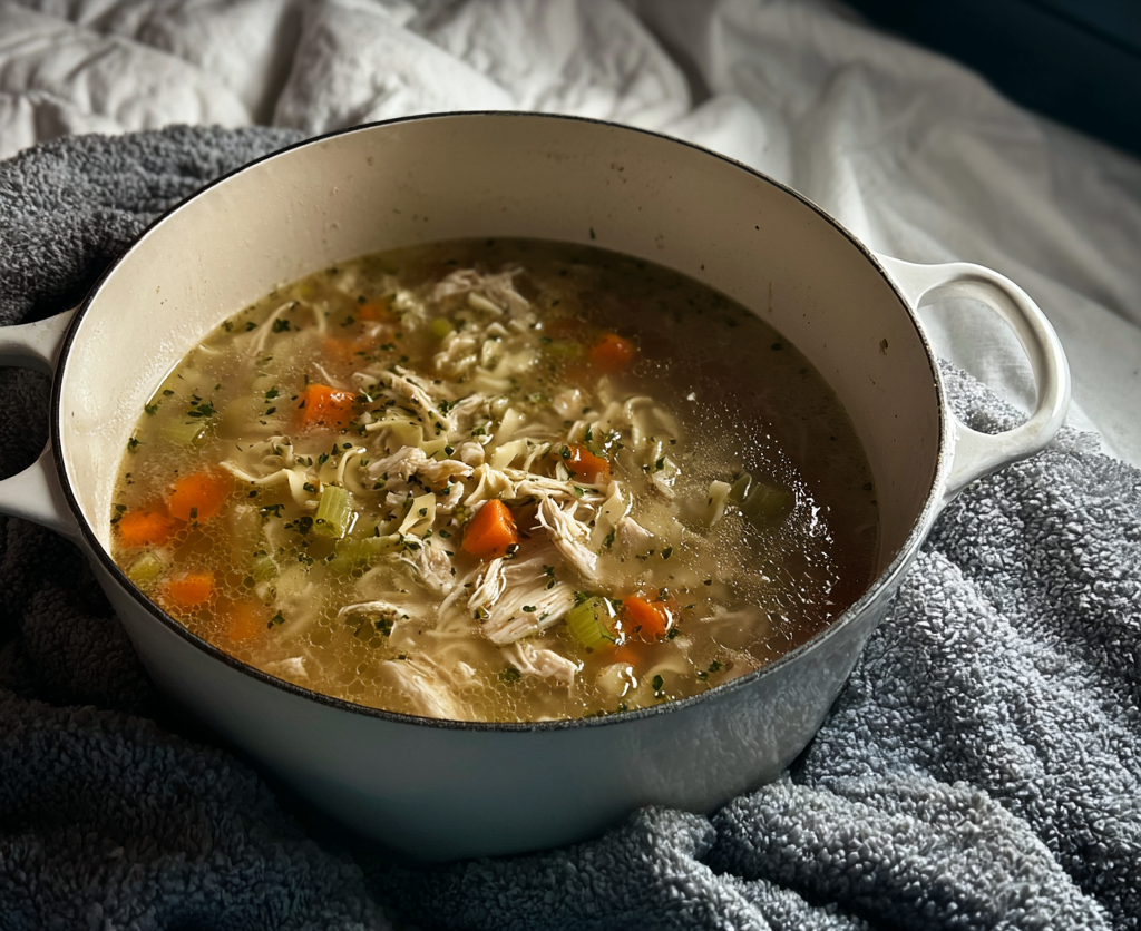 stove top chicken noodle soup with tender chicken and noodles