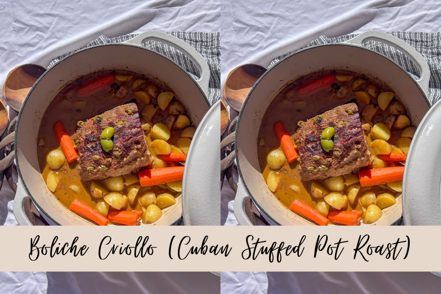 Boliche criollo cooking in a Dutch oven, a traditional Cuban stuffed pot roast